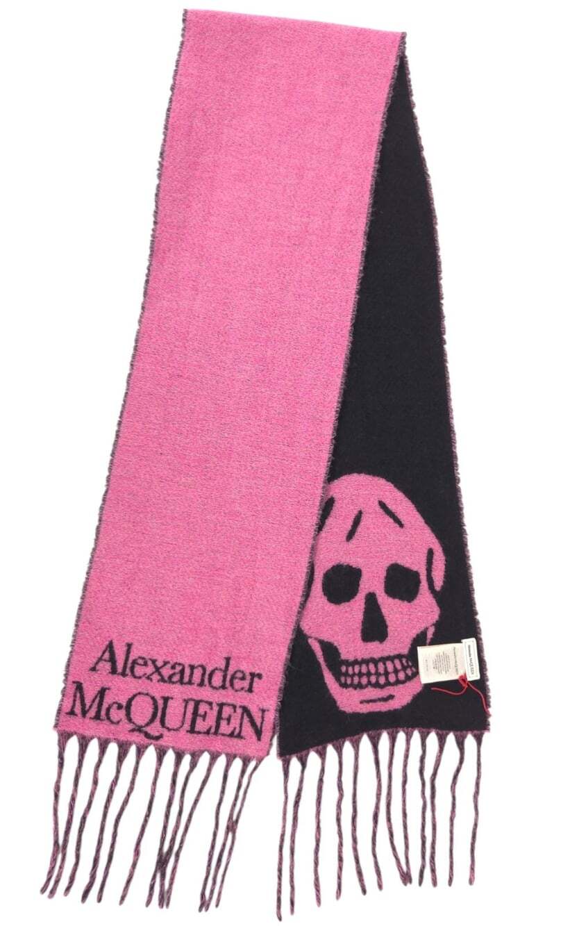 Alexander McQueen Skull Fringed Scarf 10" x 69" Womens Pink Black Wool $395